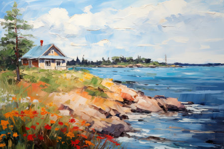 Original oil painting on canvas of old house on the shore of the lakeの素材