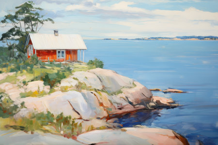 An oil painting of a house on a rocky shore of a lakeの素材