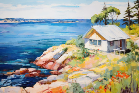 Original oil painting on canvas of cottage on the shore of lake.の素材