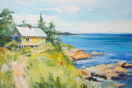 Original oil painting on canvas of an old house on the seashoreの素材