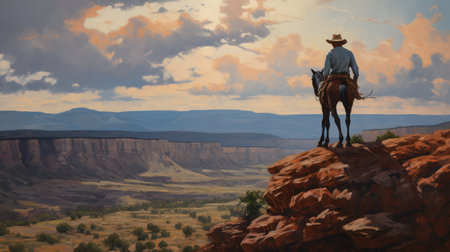 Cowboy on horseback at sunset in the Canyonlands National Parkの素材