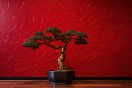 Bonsai tree in pot on red wall background. 3D renderingの素材