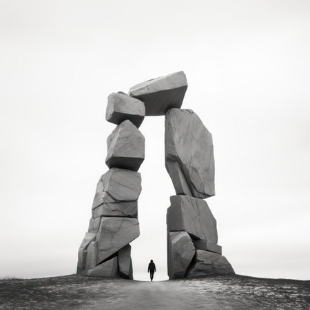 Digital composite of Stone arch with man standing in front of grey skyの素材