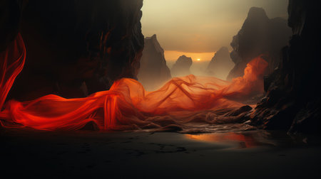 Fantasy landscape of the rocks and the sea at sunset. 3d illustrationの素材
