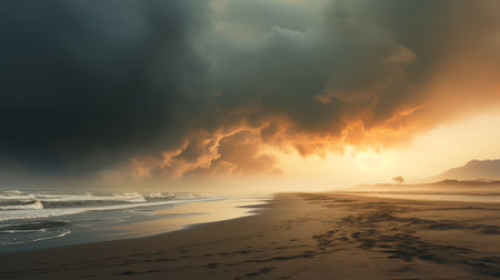 Sunset over the ocean with dramatic clouds and sand dunes.の素材