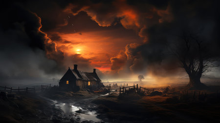 Fantasy landscape with old wooden house in the fog at sunset.の素材