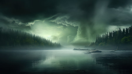 Mountain lake in the fog. Dramatic stormy landscape.の素材