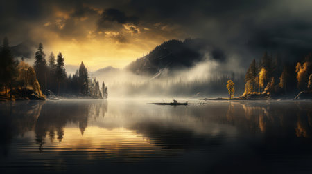 Foggy morning on the lake in the mountains. Beautiful landscapeの素材