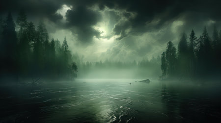 Foggy morning on the lake. Dark mystical foggy forest landscape.の素材