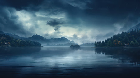 Beautiful autumn landscape with fog over lake and mountains. Dramatic sky.の素材