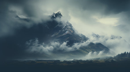 Foggy mountain landscape with high peaks in the clouds. 3D Renderingの素材