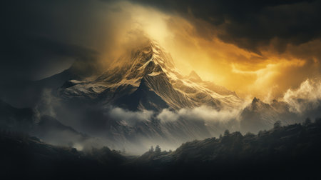 Fantasy landscape with mountains and cloudy sky. 3d rendering.の素材