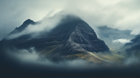 Foggy mountain landscape with low clouds. Iceland, Europe.の素材