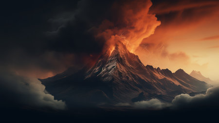Volcano in the clouds. 3D rendering. Computer digital drawing.の素材