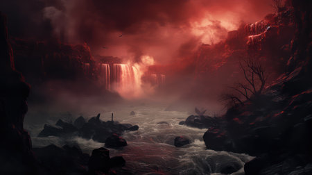 Fantasy landscape with a waterfall in the forest. 3d renderingの素材