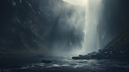 Fantasy alien planet. Mountain and waterfall. 3d illustration.の素材