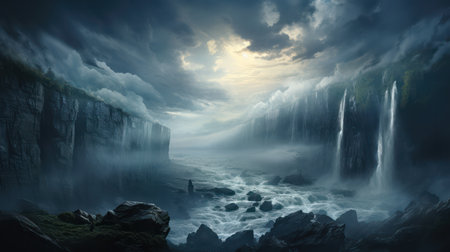 Fantasy seascape with fog and waterfall. Nature composition.の素材