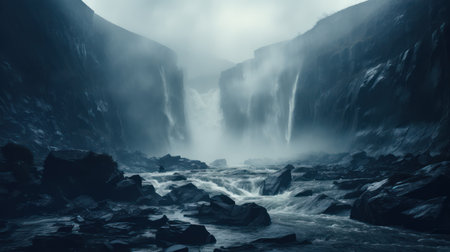 Beautiful waterfall in a foggy day in Iceland. Toned.の素材
