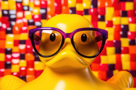 Funny yellow plastic duck wearing glasses on colorful background, 3d renderの素材