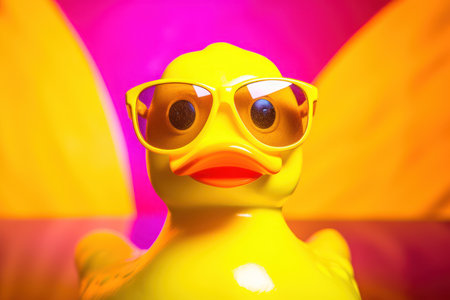 Yellow rubber duck in sunglasses on a colorful background. Close up.の素材