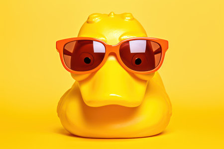 Funny plastic duck with sunglasses on a yellow background. 3d renderingの素材