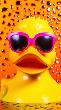 Yellow duck with sunglasses on orange background with water drops. Summer concept.の素材