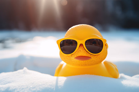 Yellow rubber duck with sunglasses on the snow in the sun. Selective focus.の素材