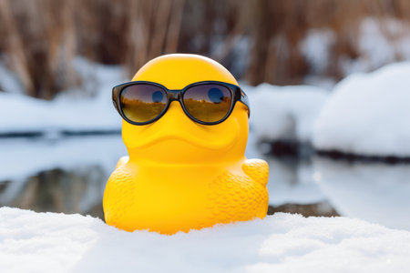 Yellow rubber duck in sunglasses on the snow in the park in winterの素材