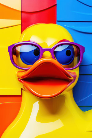 Colorful plastic duck with sunglasses on colorful background. 3d illustration.の素材
