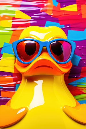 Funny plastic duck with sunglasses on colorful background. 3d illustration.の素材
