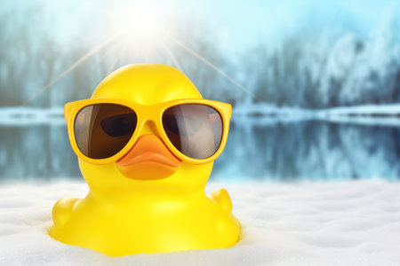 Yellow rubber duck in sunglasses in the snow against the background of a winter landscapeの素材