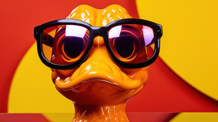 Funny plastic duck in sunglasses on colorful background. Close up.の素材