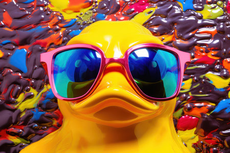 Funny plastic duck with sunglasses on colorful background. 3d renderingの素材