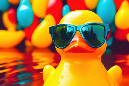 Yellow rubber duck with sunglasses and colorful balloons in the swimming pool backgroundの素材