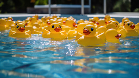 Yellow rubber ducks floating in swimming pool. Selective focus with shallow depth of field.の素材
