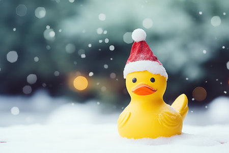 Yellow rubber duck with Santa Claus hat on snow with bokeh background.の素材