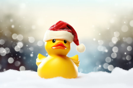 Cute yellow rubber duck with santa hat on snow with bokeh backgroundの素材