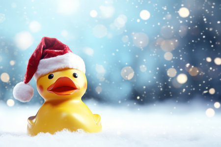 Yellow rubber duck with santa hat on snow and bokeh backgroundの素材