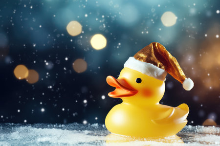 Yellow rubber duck with Santa Claus hat on snow with bokeh backgroundの素材