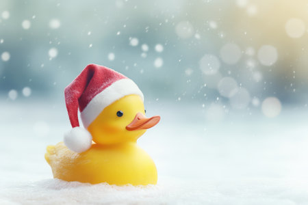 Yellow rubber duck with santa claus hat on snow background.の素材