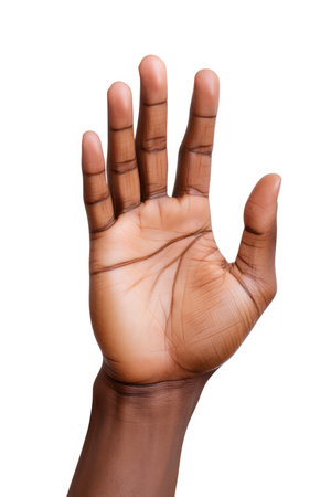 African-American woman hand showing five fingers, isolated on white backgroundの素材