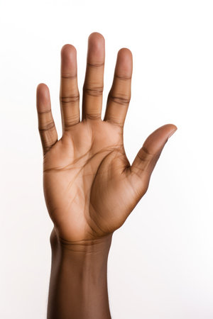 Hand of a young African-American woman showing five fingers on a white backgroundの素材