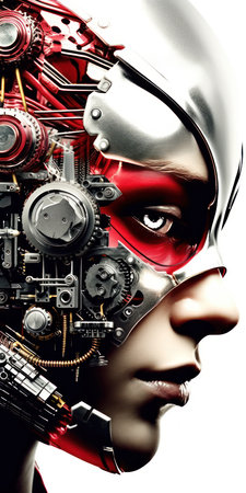 Cyborg head with gears and cogwheels. 3D renderingの素材