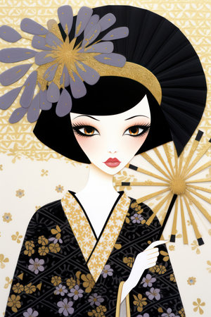 Illustration of japanese geisha with fan and fan.の素材
