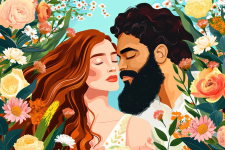 Vector illustration of a couple in love. A man and a woman with flowers.の素材