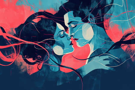 Double exposure portrait of beautiful woman and man combined with abstract background.の素材