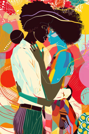 African american couple in love. Abstract colorful background. Vector illustration.の素材