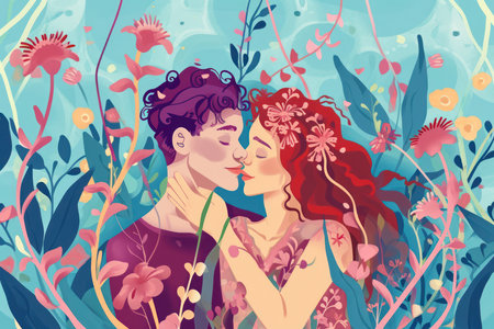 Beautiful young couple in love kissing among the flowers. Vector illustrationの素材