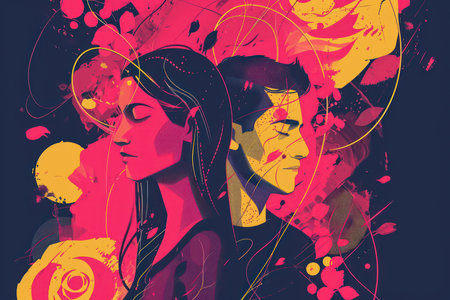 Illustration of a couple in love with abstract shapes and floral backgroundの素材