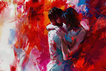 Young man and woman hugging each other. Colorful abstract painting.の素材